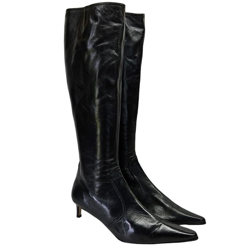 Isaac Black Leather Knee High Zip Boots Women's Size 10.5B with Kitten Heel